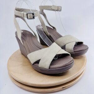 Crocs Leigh II Wedge Sandals Womens 8 Cream beige Canvas Slingback Comfort Shoes